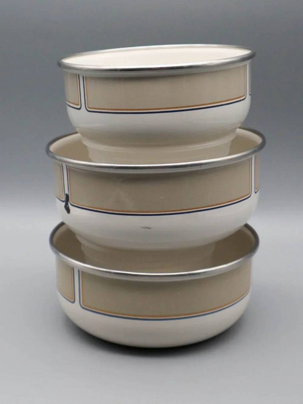 3 Vintage Kobe Kitchen Enamelware Bowls Mod Geometric Design Art Deco MCM